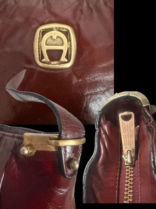 VTG Etienne Aigner Shoulder Bag Oxblood Leather Brass Logo 70s Germany Handmade - Picture 8 of 9